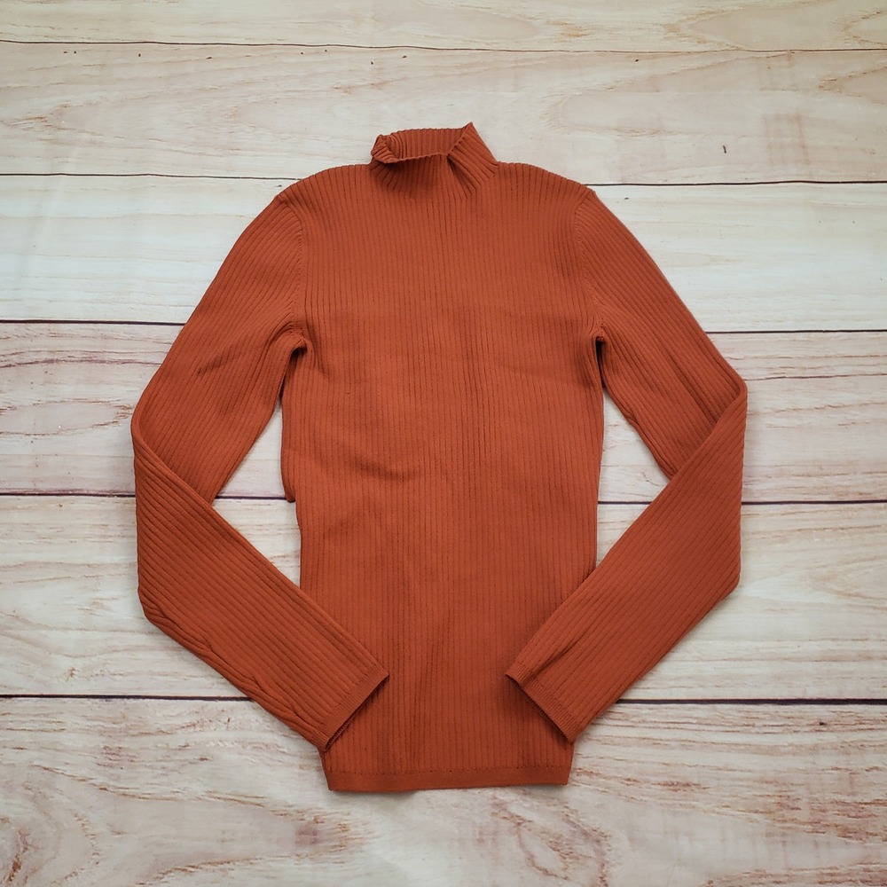 Babaton Aritzia Sweater Womens XS Burnt Orange Ribbed Mock Neck Open Back Tie